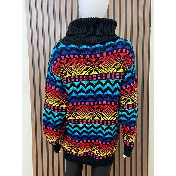 Ricki Women's L Red Sweater Vintage Turtleneck Fair Isle Rainbow Aztec Boho - Picture 3 of 9